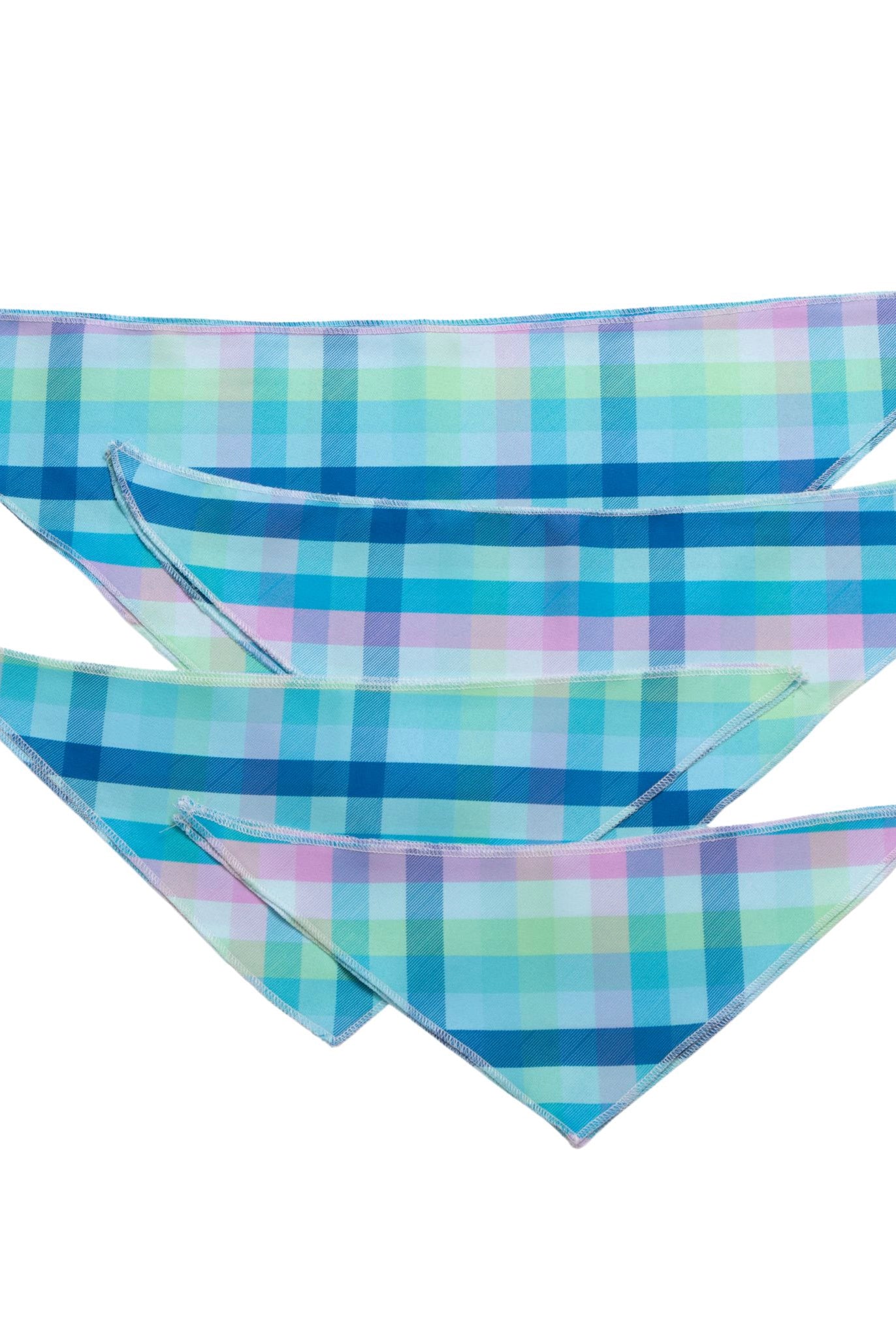 Set of three plaid bandanas in blue, green, and pink on a white background