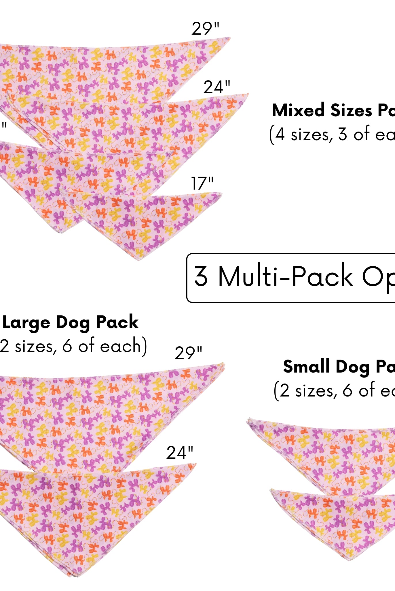 Floral patterned dog bandanas with size measurements and multi-pack options on a white background.