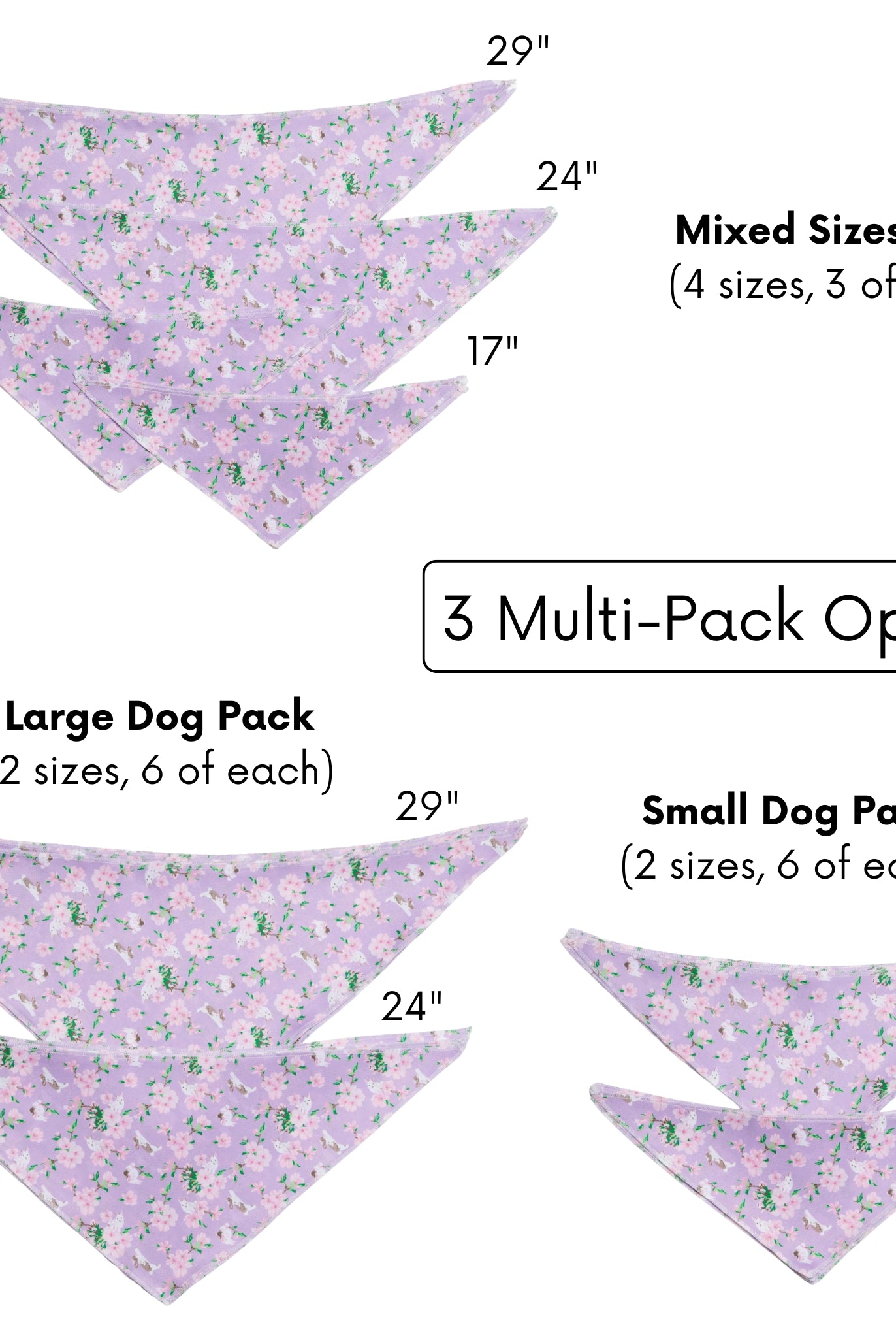 Packaging of purple bandana with dog pattern, showing different size options.