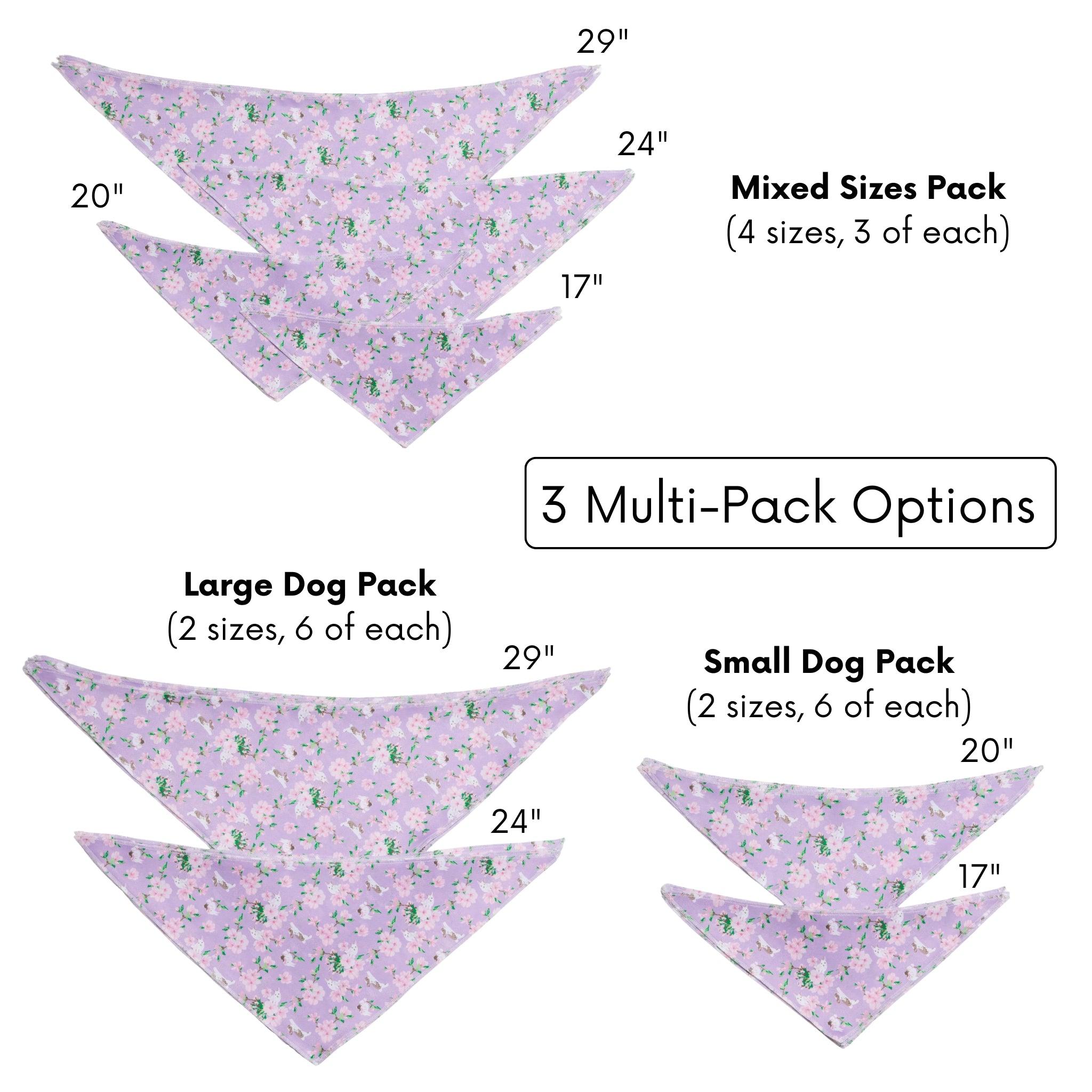 Packaging of purple bandana with dog pattern, showing different size options.