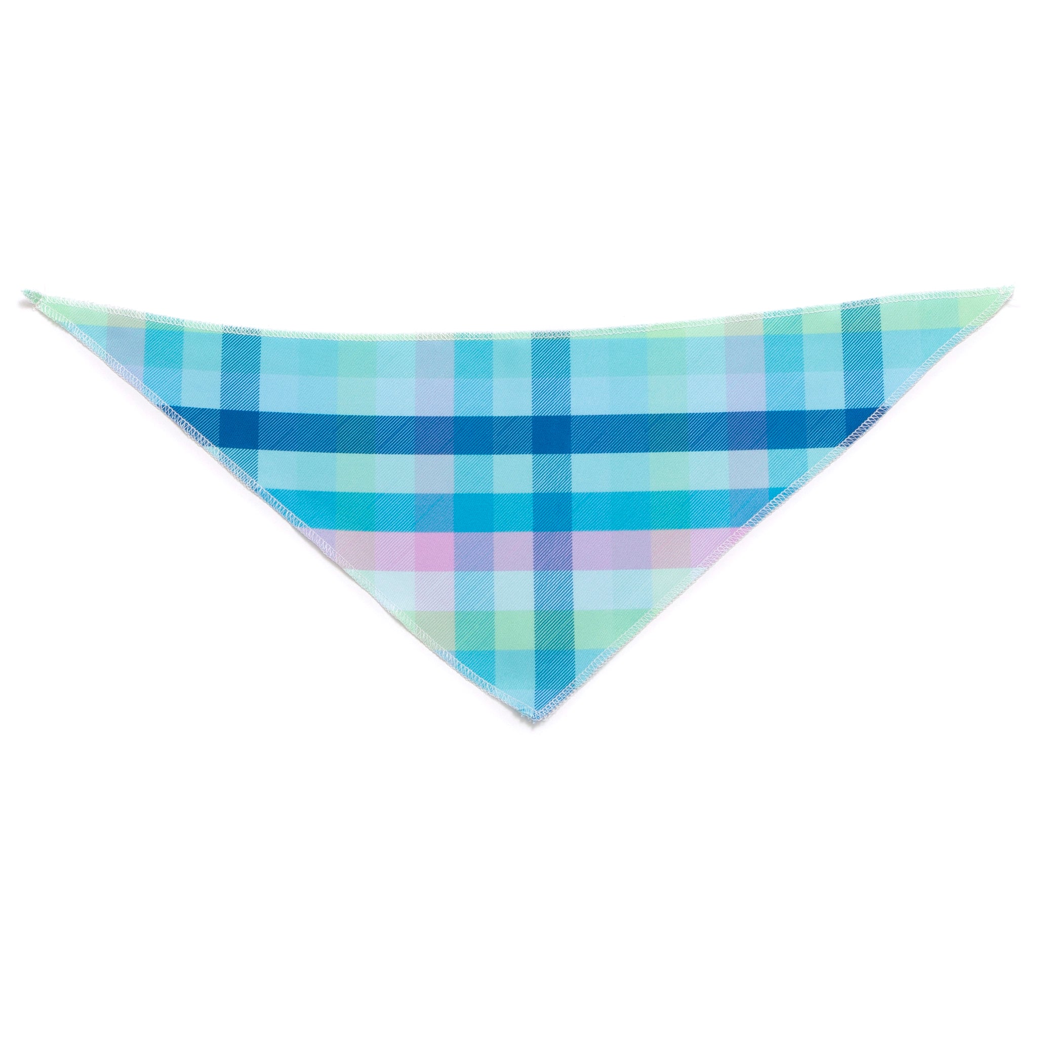 Plaid patterned triangle-shaped bandana in blue and green on a white background