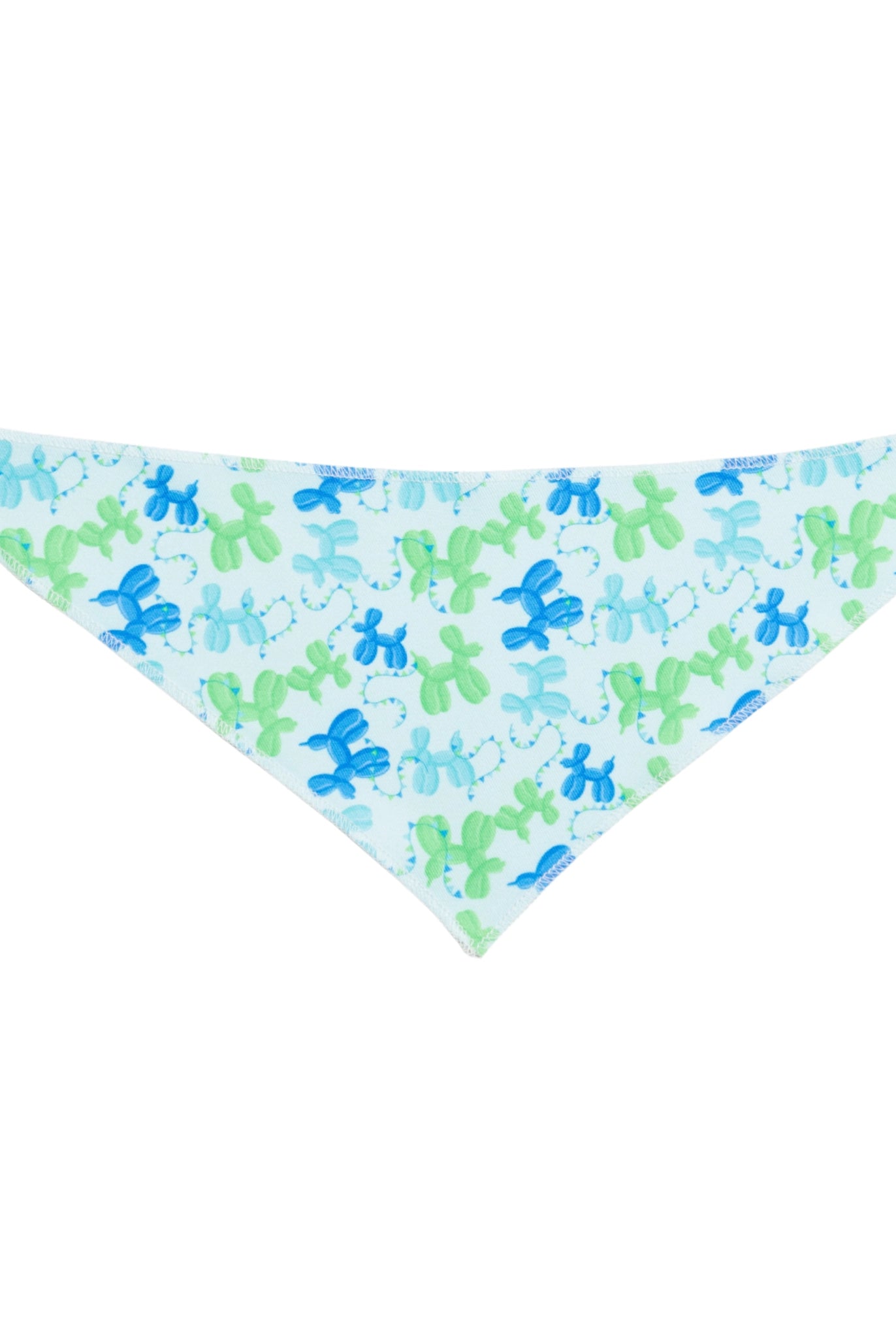 Triangle-shaped bandana with blue and green dog pattern on a light blue background
