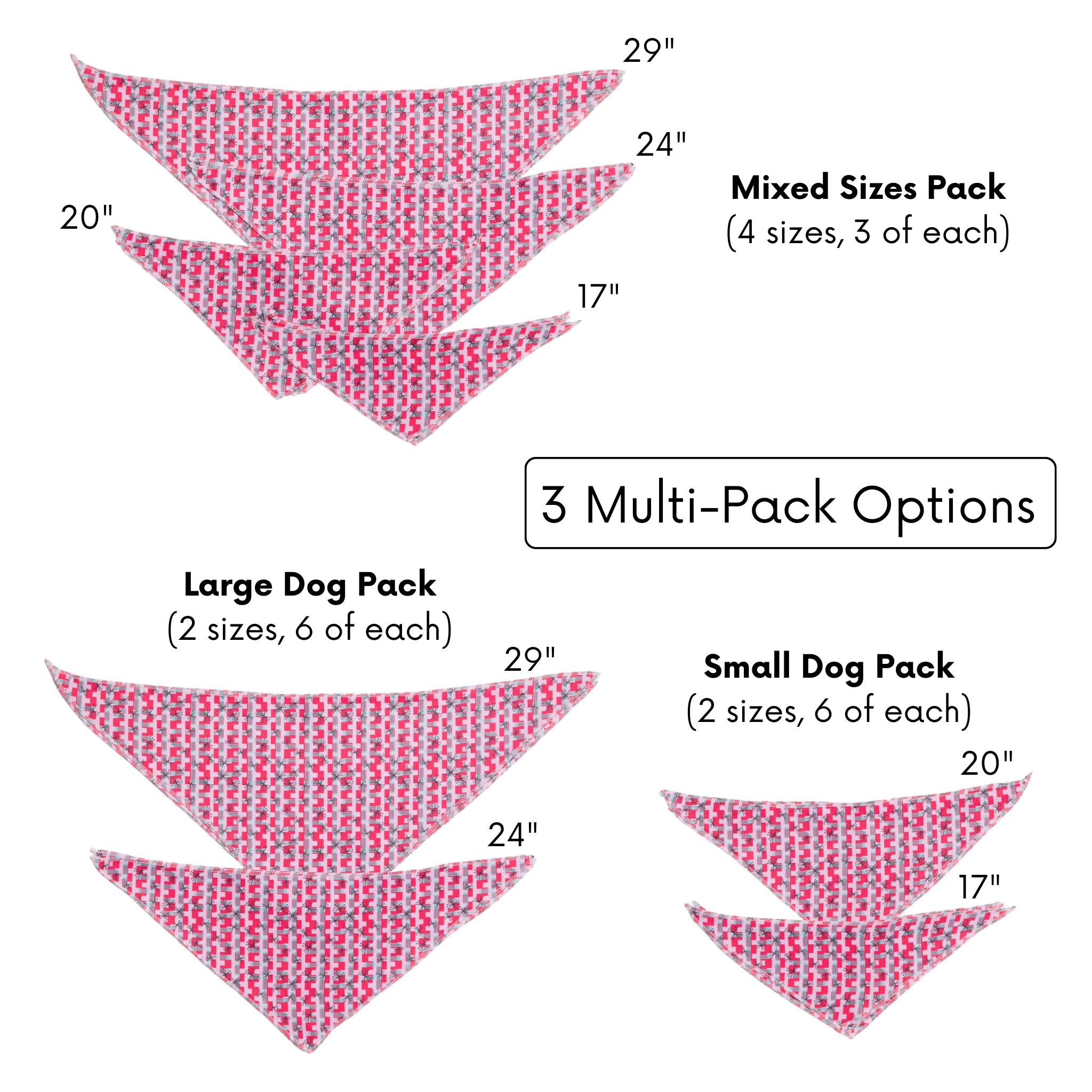 Diagram of dog bandana packs with sizes and quantities on a white background