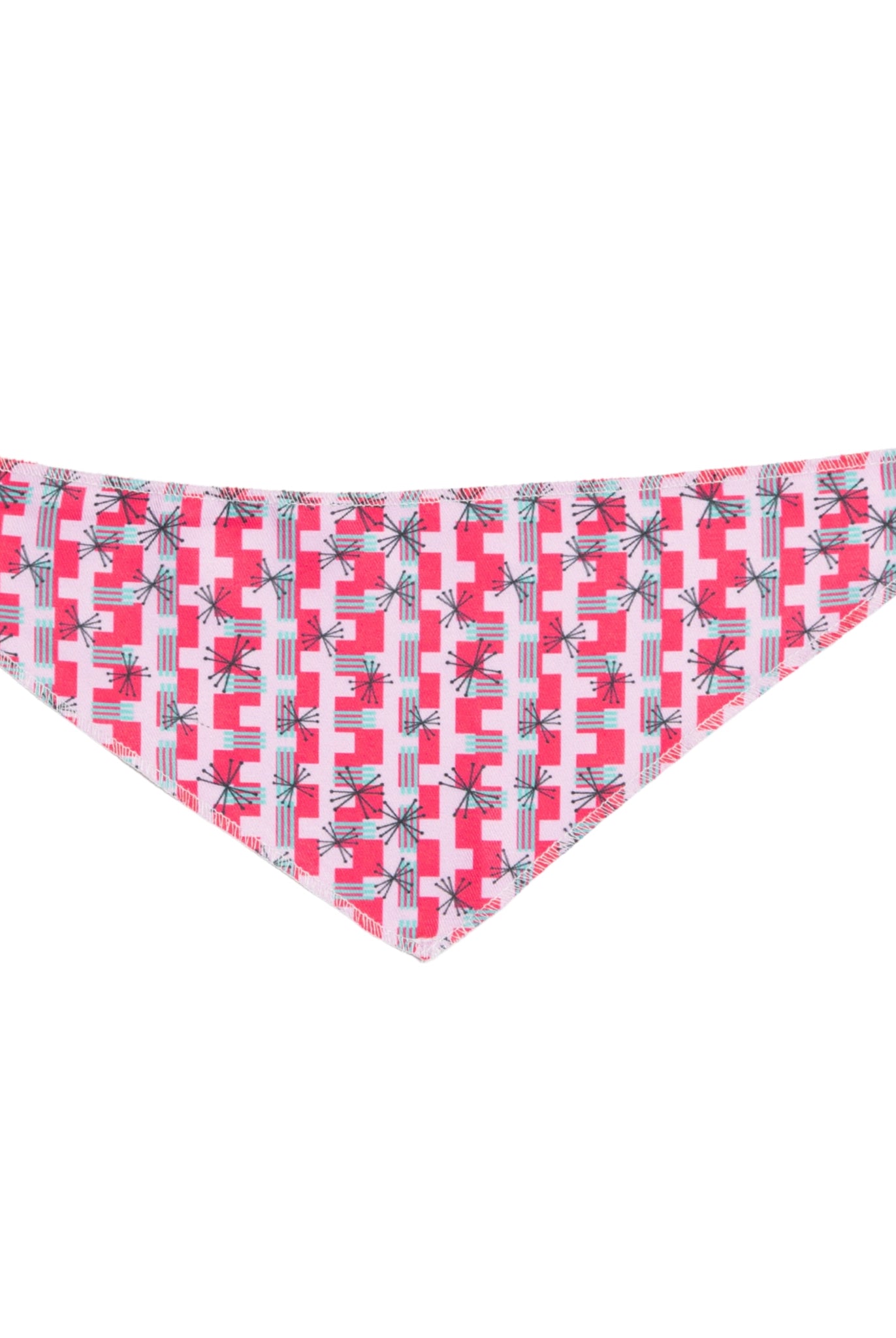 Triangular bandana with pink and white pattern on a white background