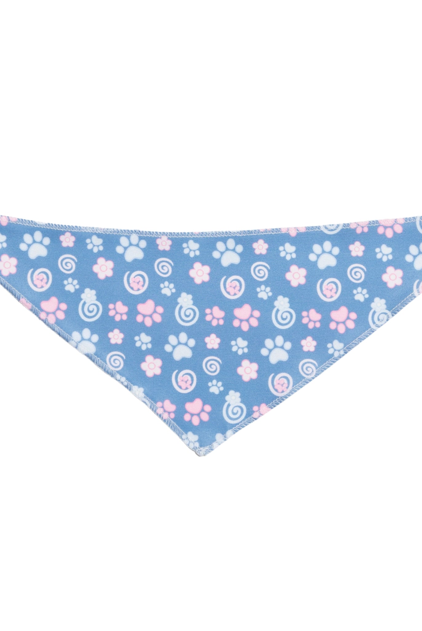 Dog bandana with pink and white paw prints and swirls on a blue background
