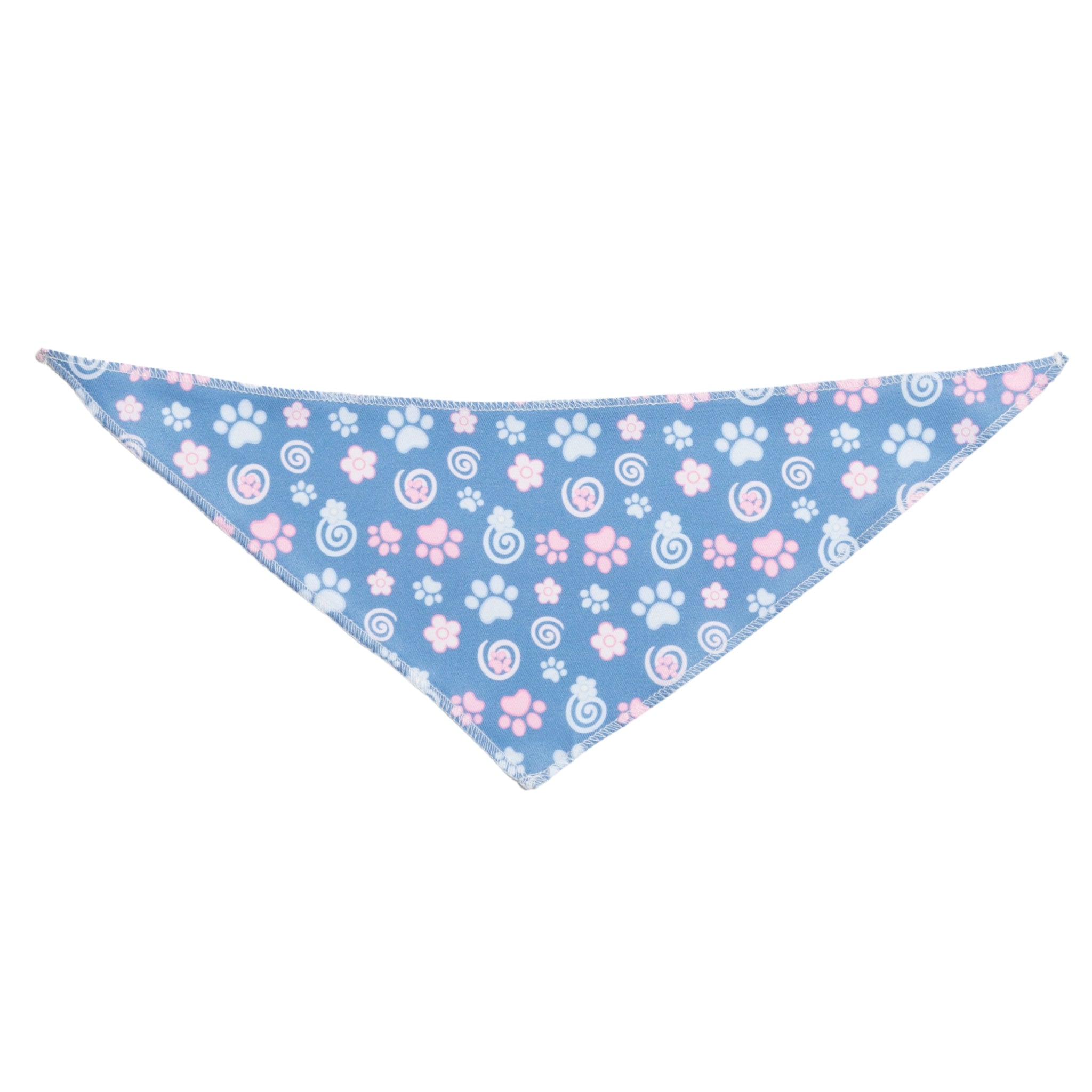 Dog bandana with pink and white paw prints and swirls on a blue background