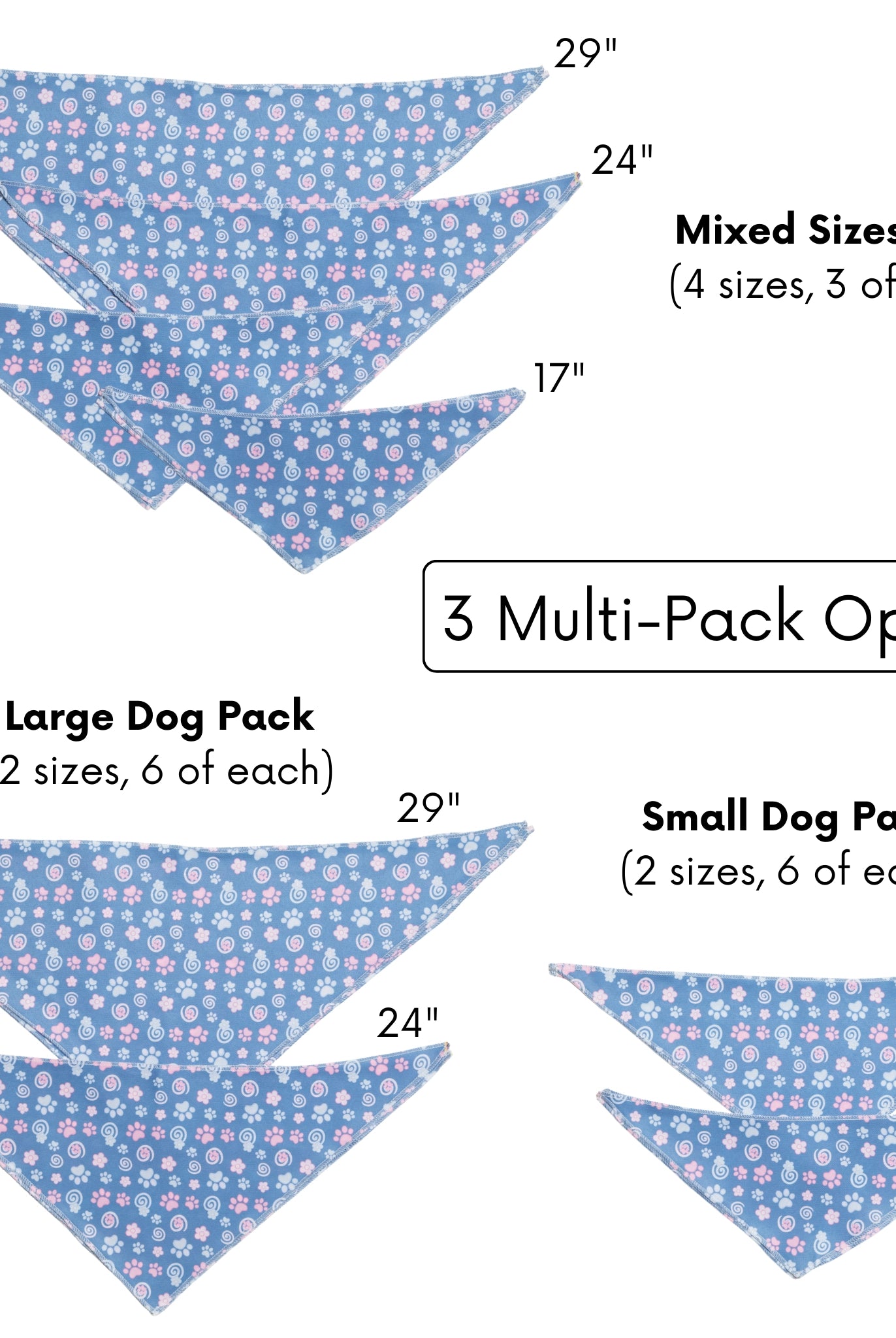 Diagram of dog bandana packs with sizes and quantities labeled