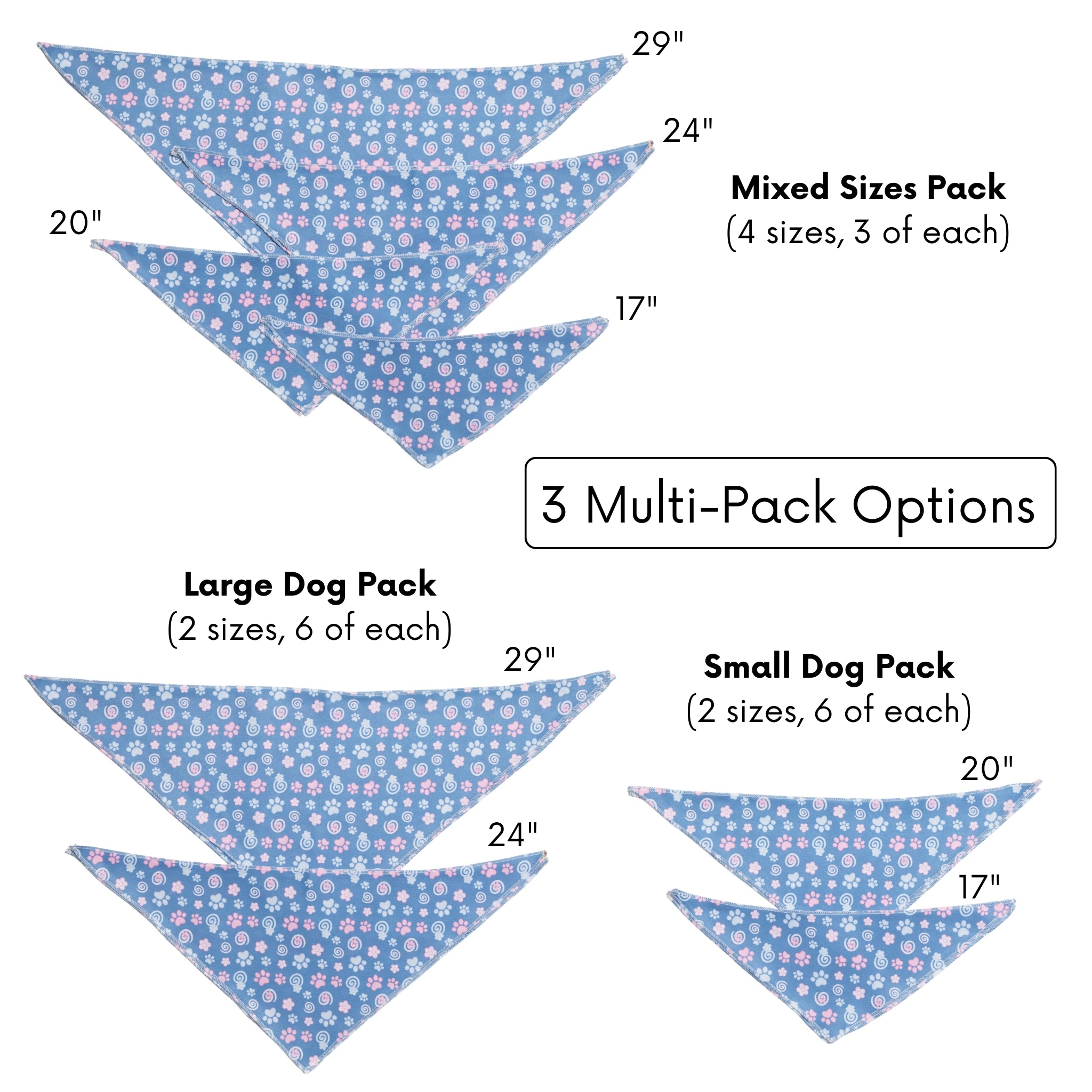 Diagram of dog bandana packs with sizes and quantities labeled
