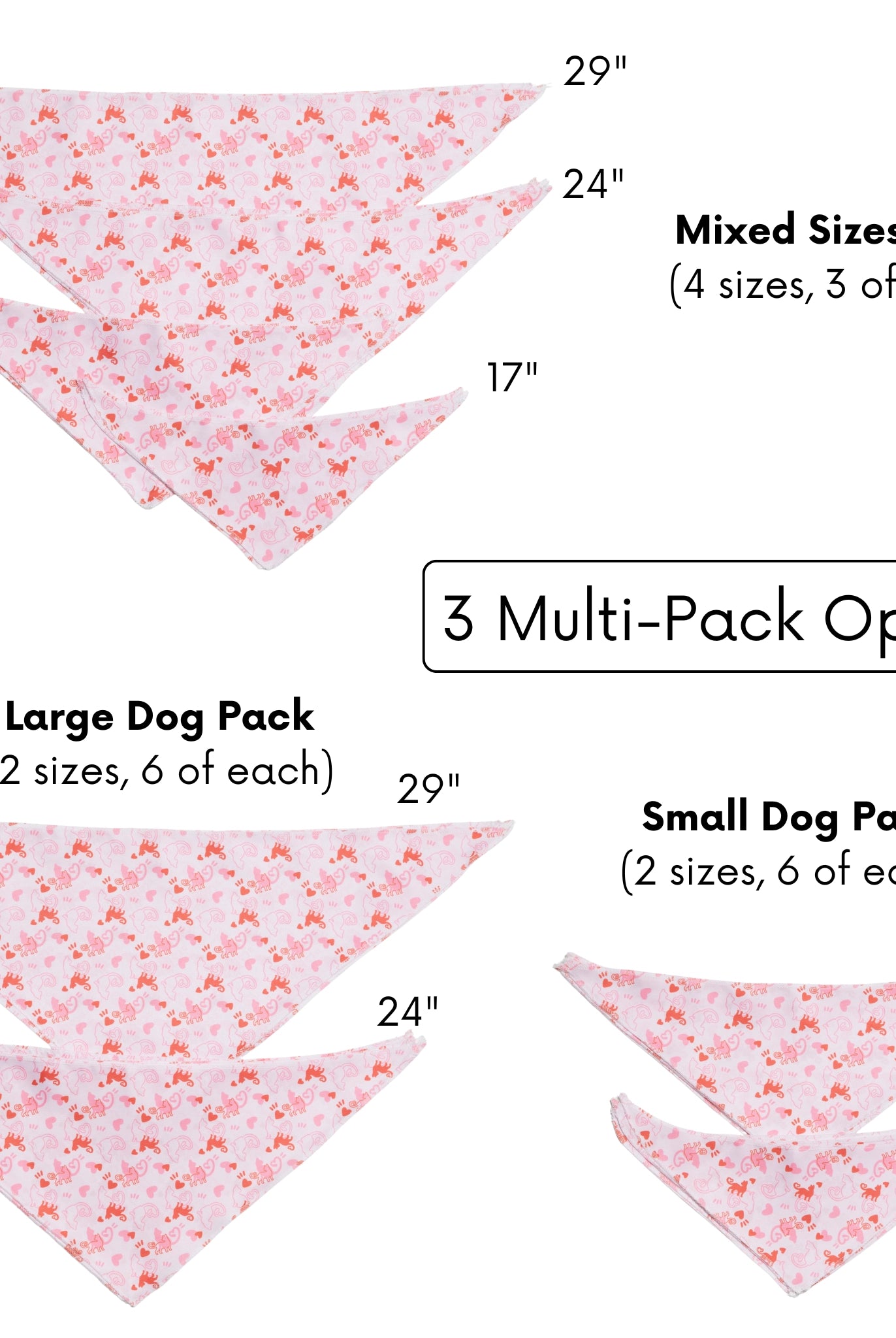 Dog bandana packaging with size chart and multi-pack options on a white background