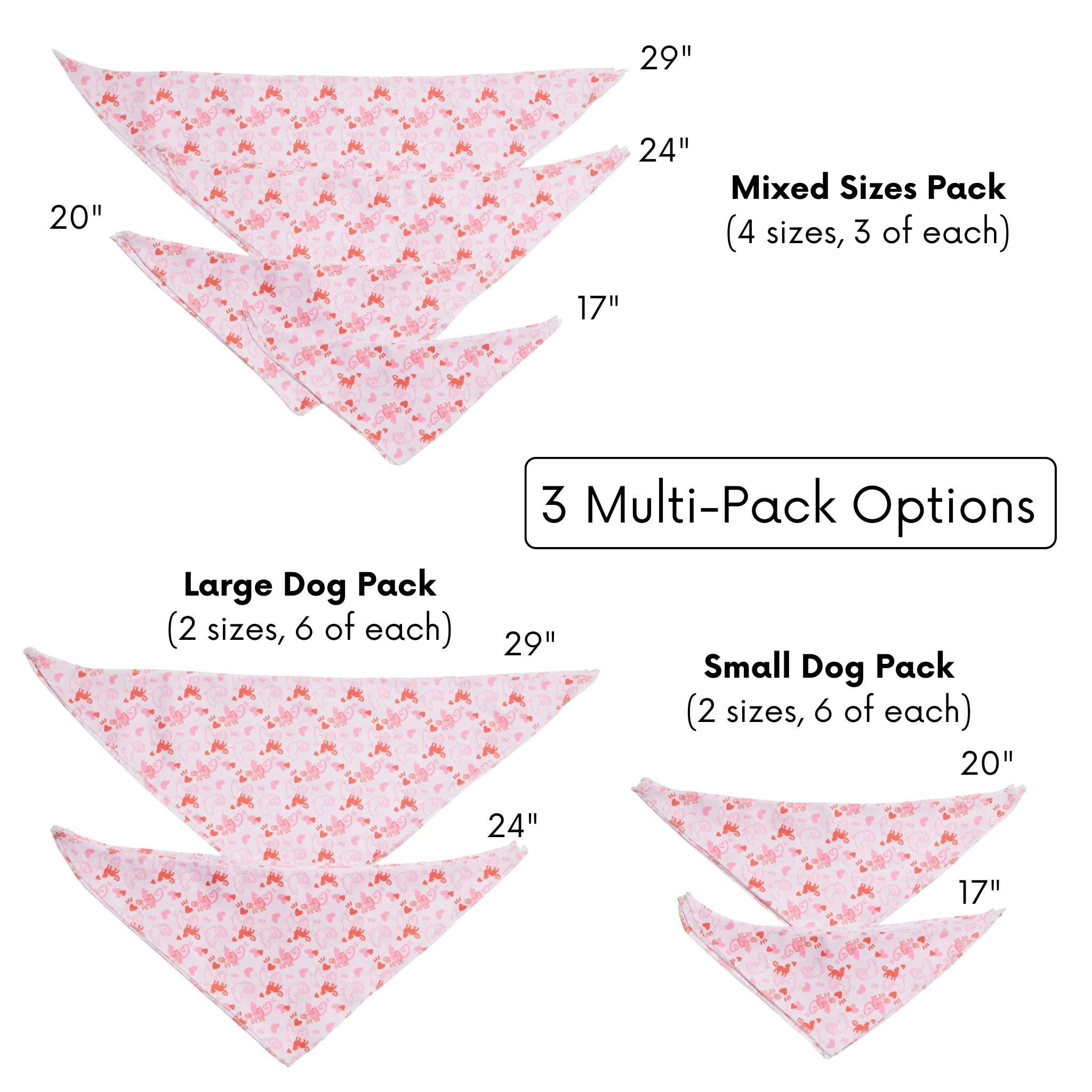 Dog bandana packaging with size chart and multi-pack options on a white background