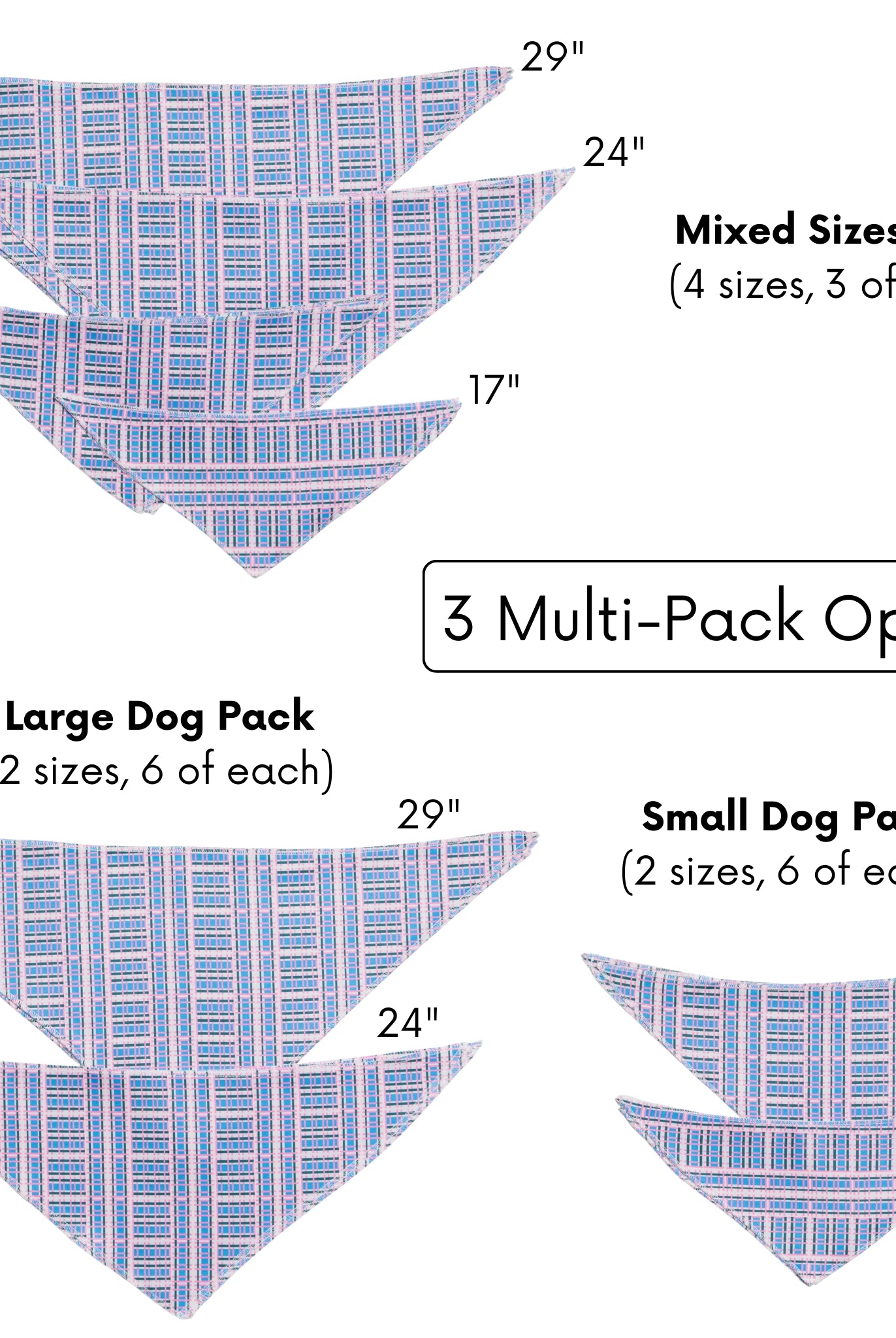 Diagram showing different dog bandana sizes and multi-pack options with measurements.