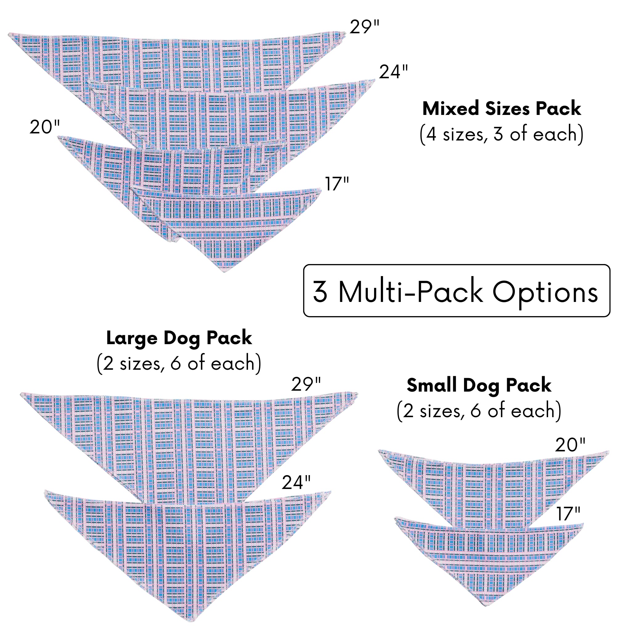 Diagram showing different dog bandana sizes and multi-pack options with measurements.