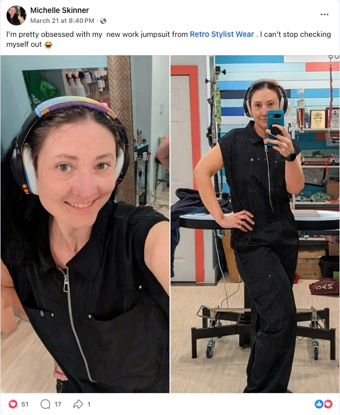 Customer wearing the Lana grooming jumpsuit