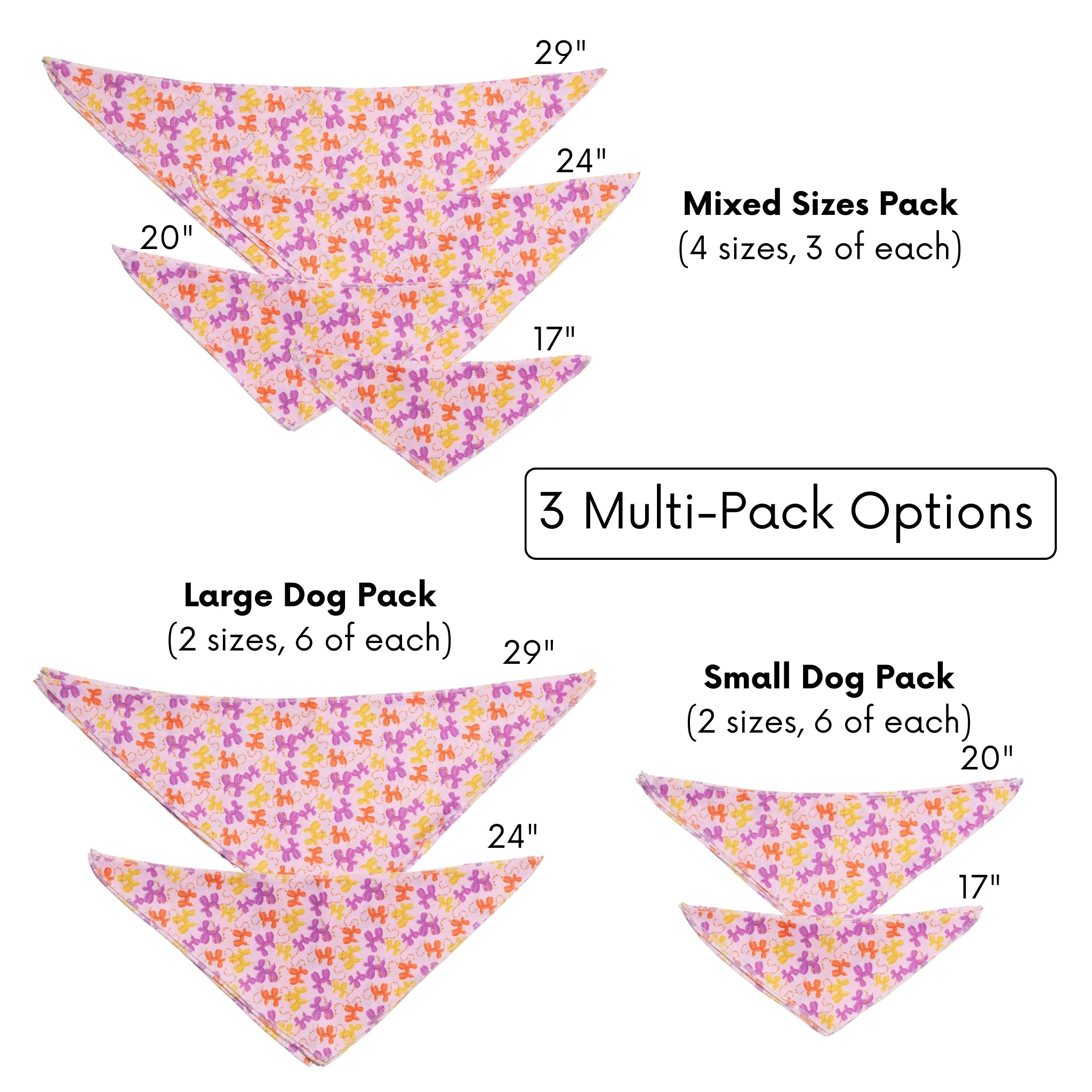 Floral patterned dog bandanas with size measurements and multi-pack options on a white background.