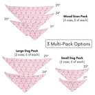Dog bandana packaging with size chart and multi-pack options on a white background