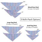 Diagram showing different dog bandana sizes and multi-pack options with measurements.