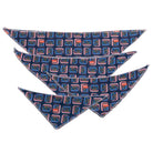 Three folded bandanas with a geometric pattern on a white background